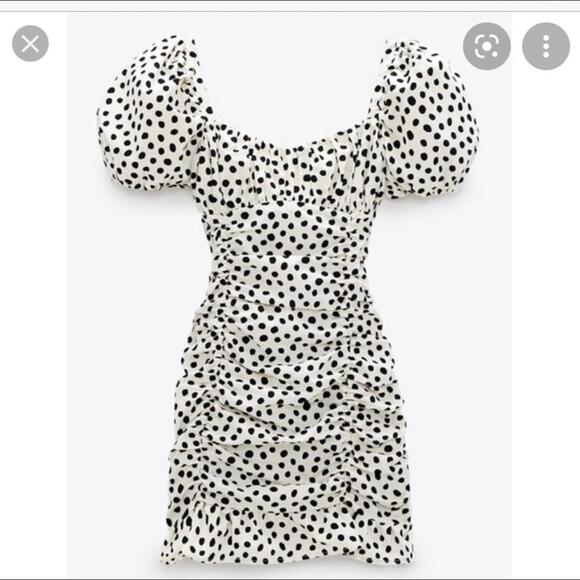 Zara Dresses & Skirts - Zara Polka Dot Ruched Puff Cap Sleeve Ruffle Hem Mini Dress